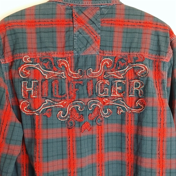VTG Tommy Hilfiger Red & Blue Shirt with Large Logo on Back Long Sleeve - Picture 3 of 7
